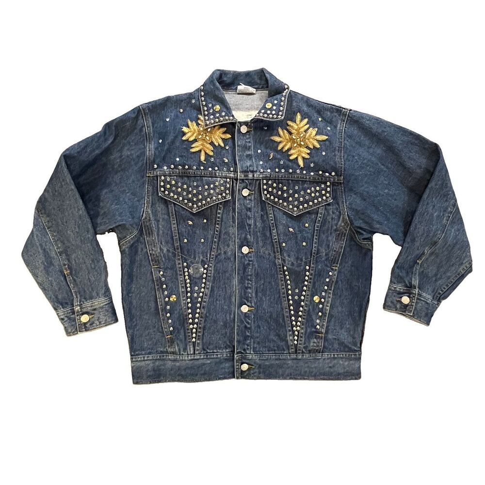Freego Denim Jacket SMALL Studded Rhinestone Cotton Bedazzled Vintage Trucker